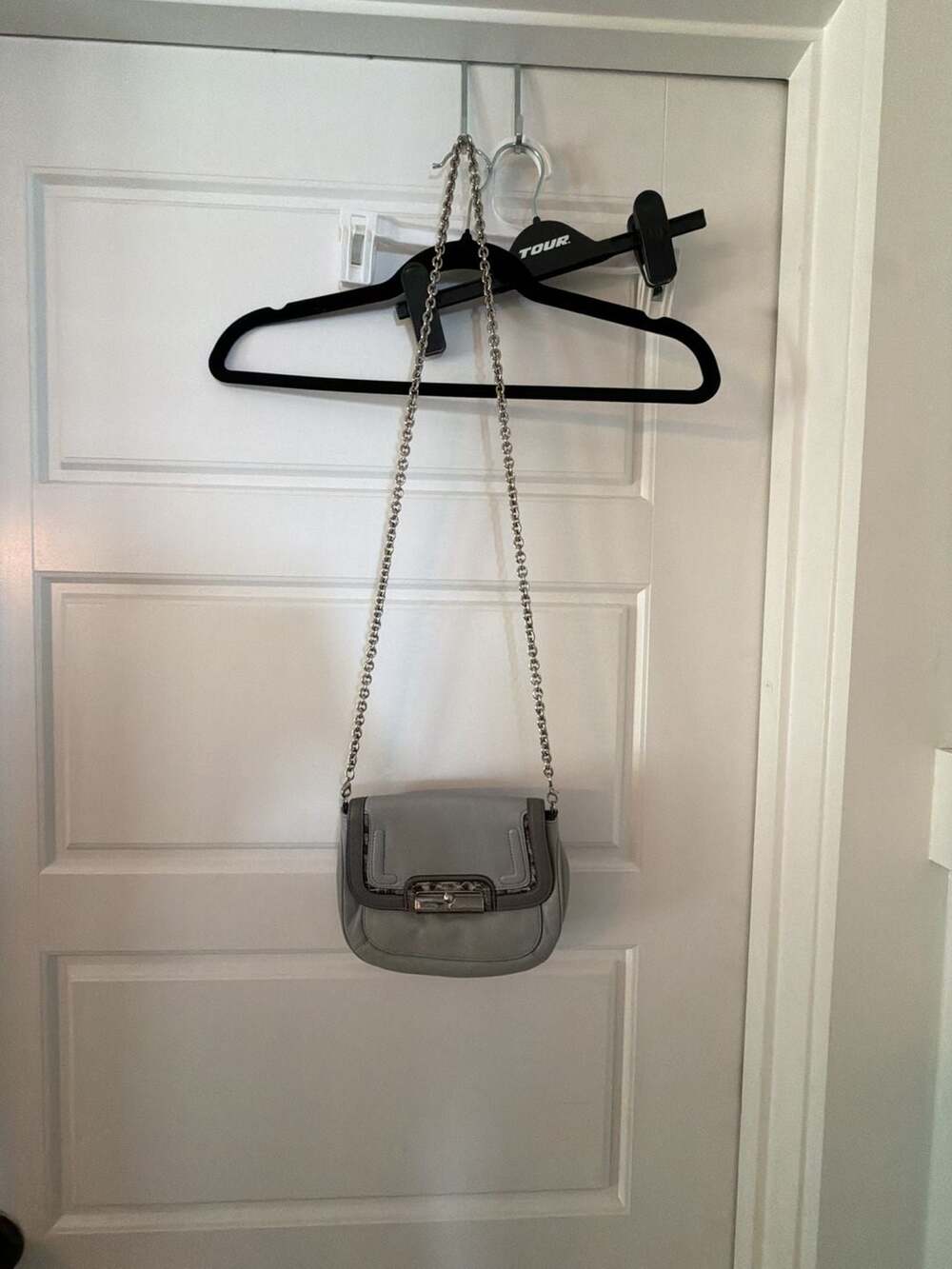Coach Grey Leather and Snakeskin Trim Chain Crossbody Bag